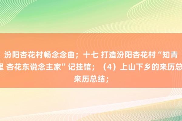 汾阳杏花村畅念念曲；十七 打造汾阳杏花村“知青故里 杏花东说念主家”记挂馆；（4）上山下乡的来历总结；